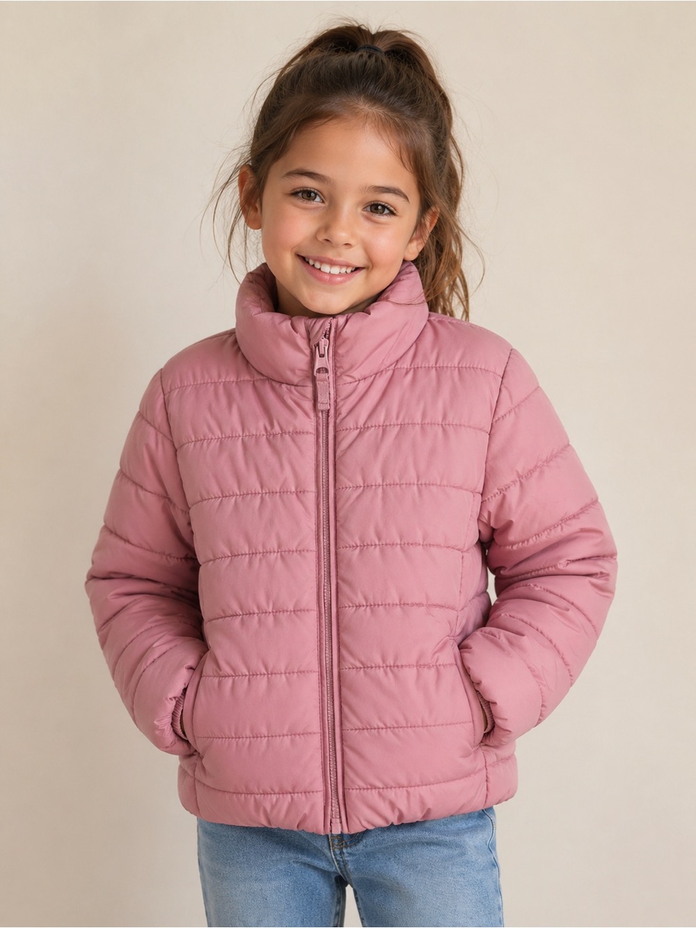 Pink Puffer Jacket Girls Kids S 5-6 Full Zip Winter Lined Quilted Outdoor Coat